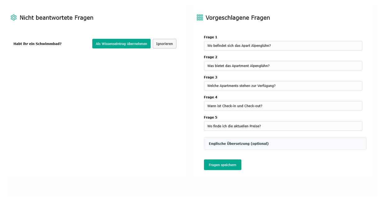 Verwaltung der vorgeschlagenen Fragen in TyrolBot
