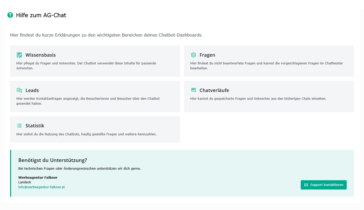 Hilfebereich im TyrolBot Dashboard